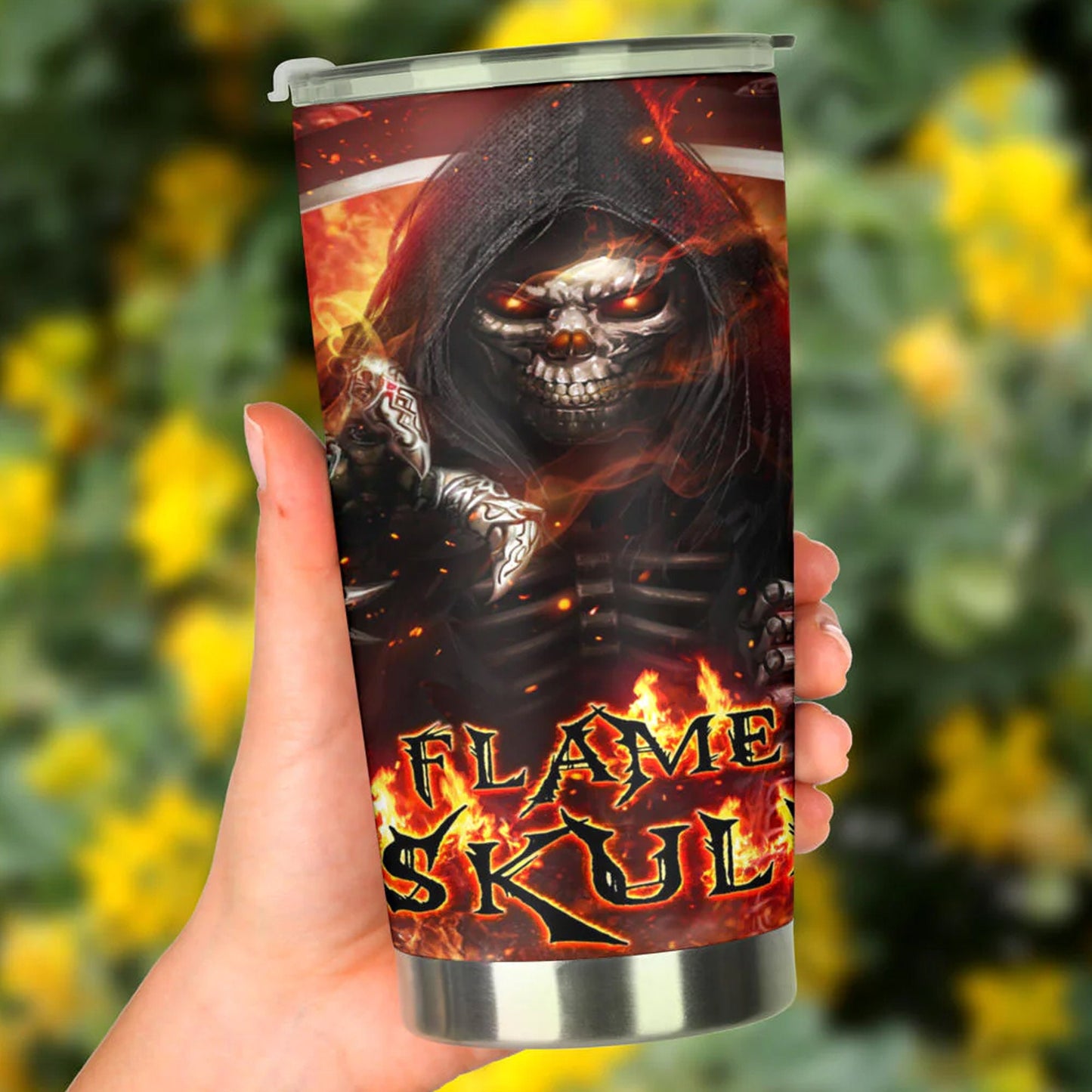 Skull in fire tumbler cup mug, goth jumbo Mug, rose skull beer mug, skeleton cup, halloween coffee mug, flaming skull cup, goth coffee mug