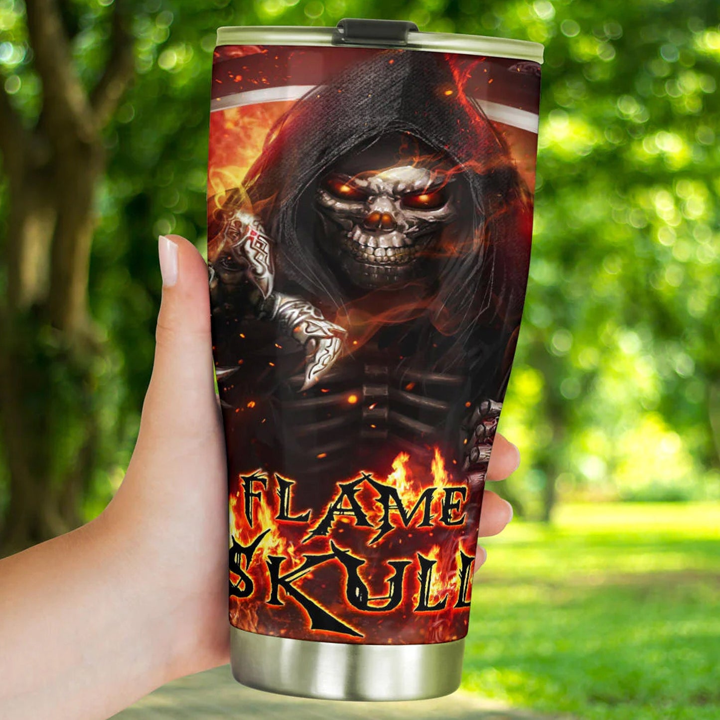 Skull in fire tumbler cup mug, goth jumbo Mug, rose skull beer mug, skeleton cup, halloween coffee mug, flaming skull cup, goth coffee mug
