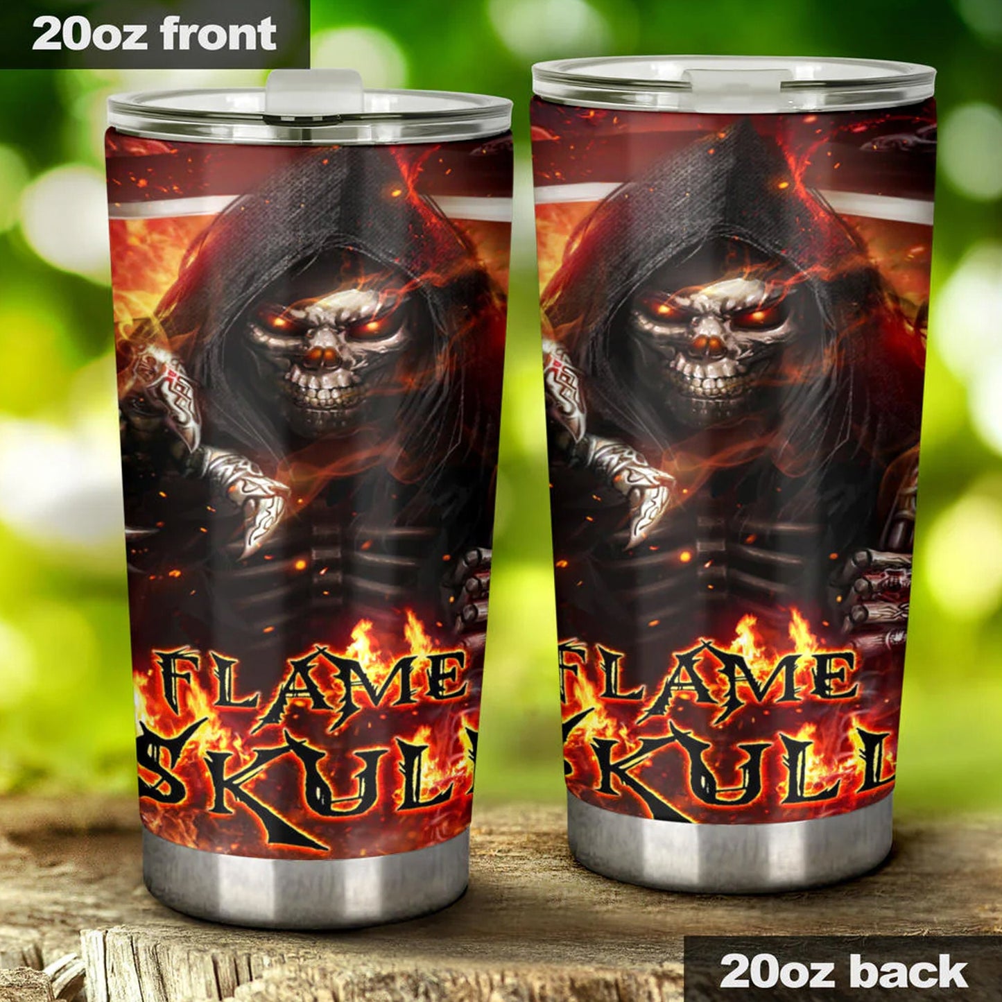 Skull in fire tumbler cup mug, goth jumbo Mug, rose skull beer mug, skeleton cup, halloween coffee mug, flaming skull cup, goth coffee mug