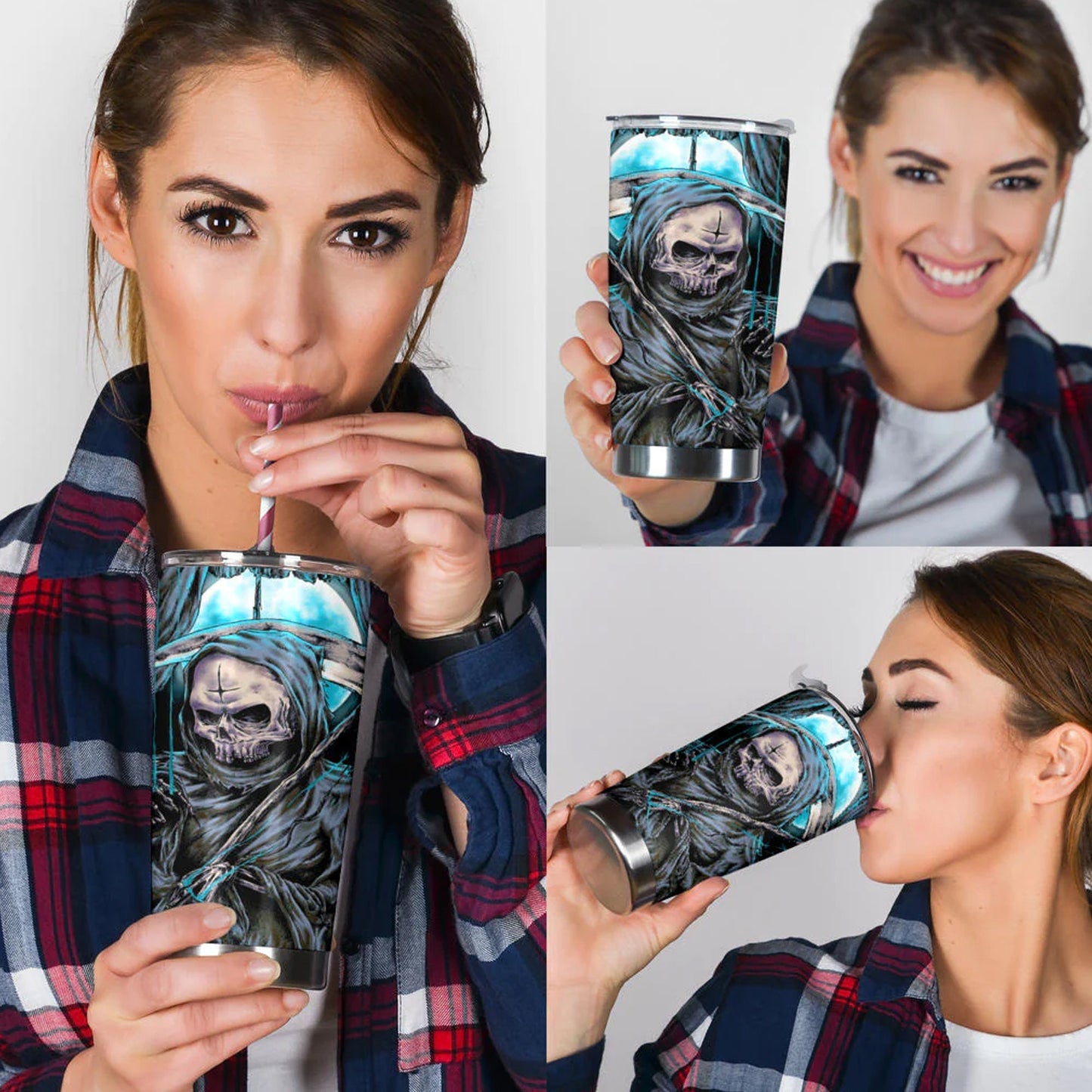 Motorcycle skull cup, horror beer mug, horror mug, grim reaper tumbler cup mug, biker skull travel mug, skull beer mug, flower skull tumblr