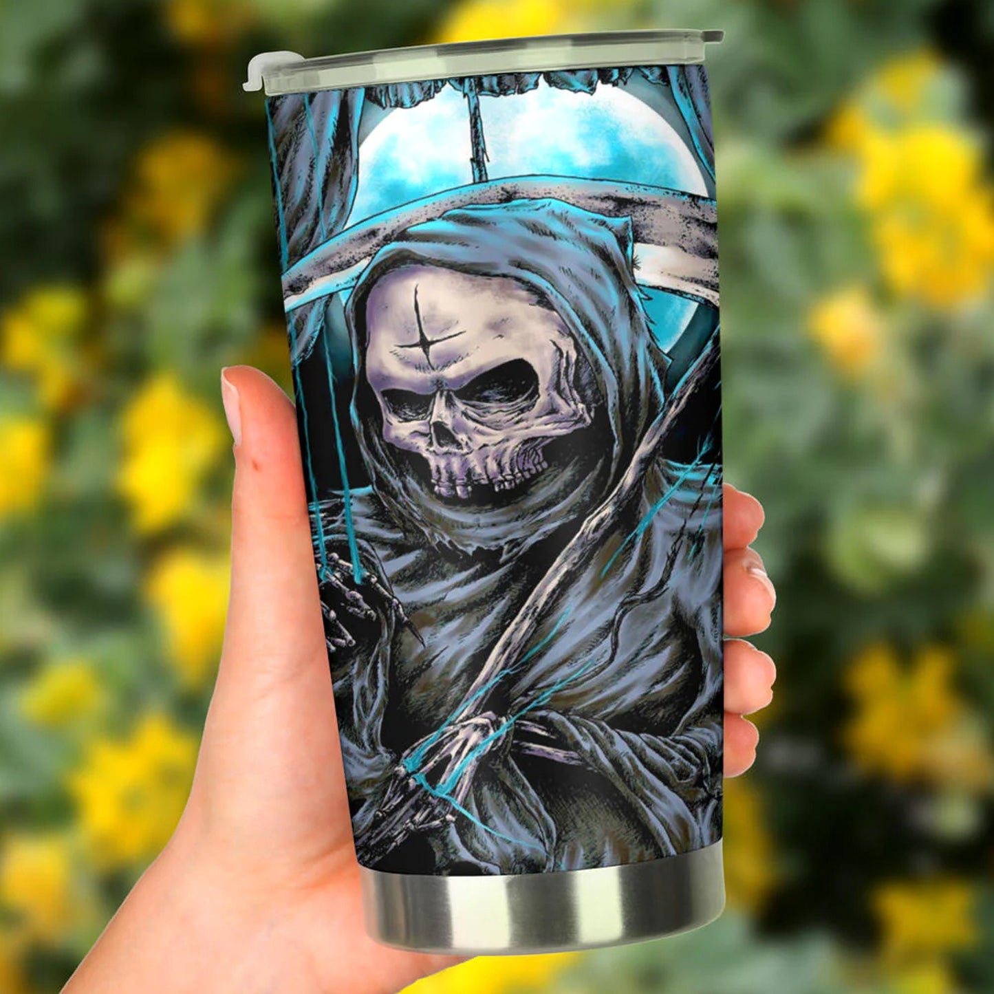 Motorcycle skull cup, horror beer mug, horror mug, grim reaper tumbler cup mug, biker skull travel mug, skull beer mug, flower skull tumblr