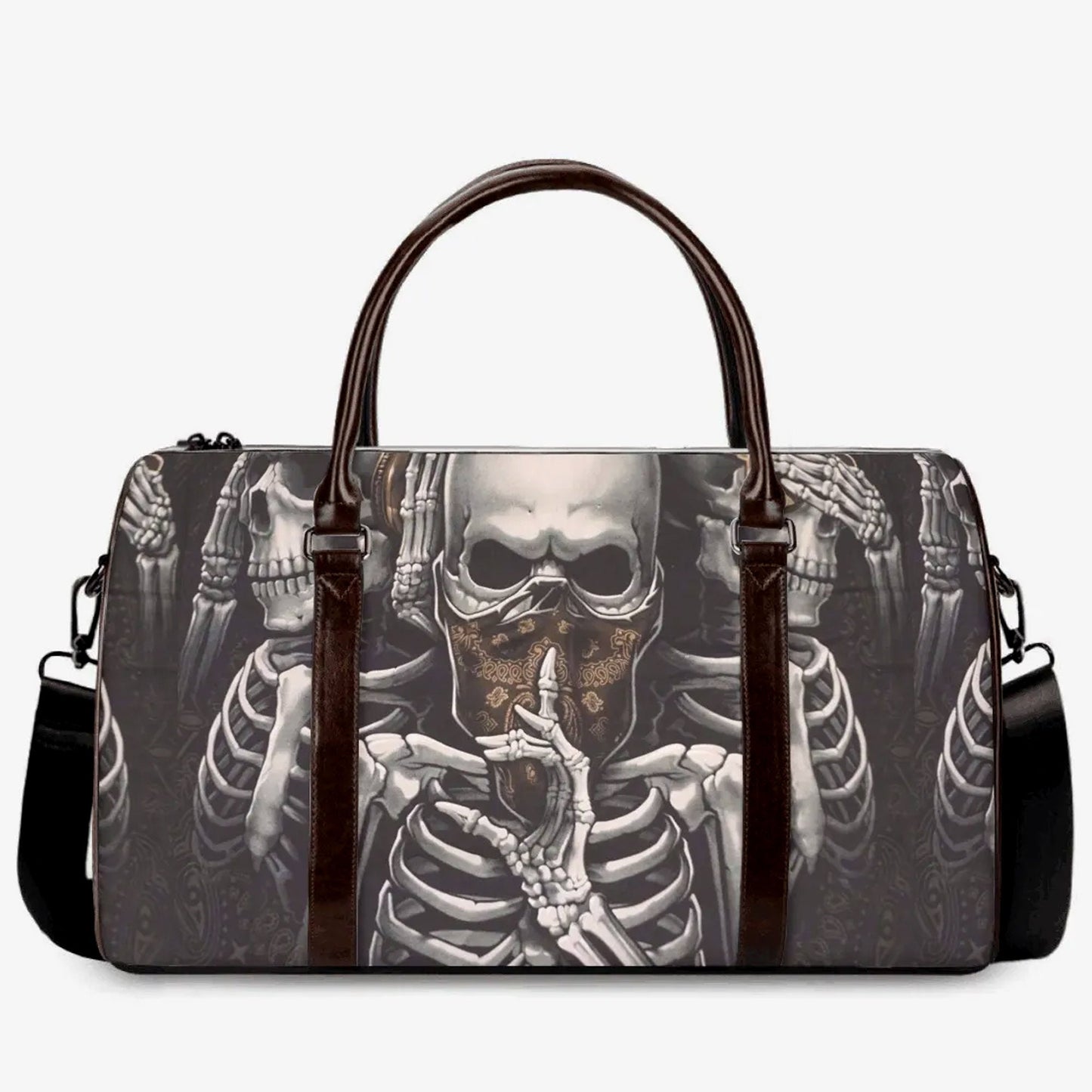 No see no hear no speak skull Canvas Weekend Travel Bag, horror handbag, flaming skull Carry on Weekender Overnight Bag skull Overnight Bag