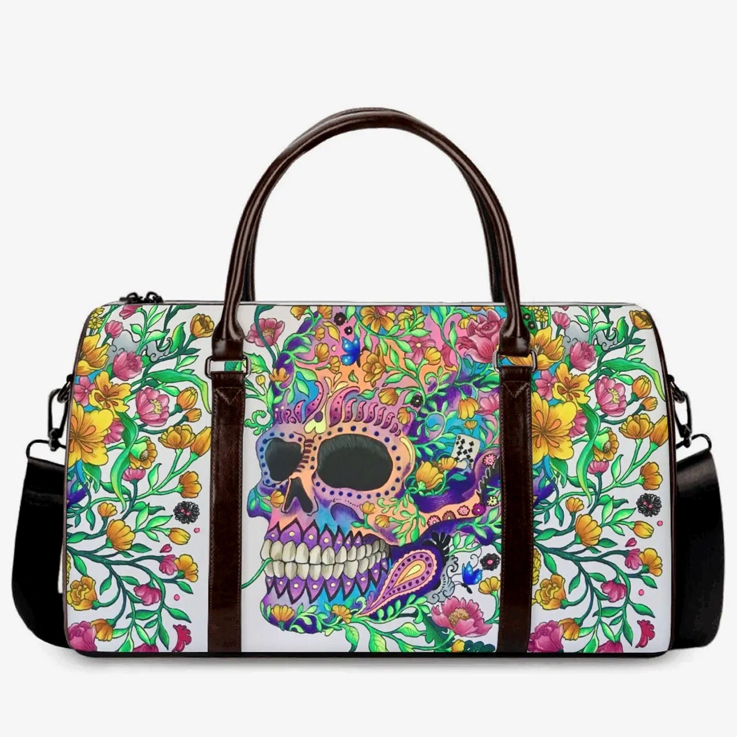 Flower skull large travel bag, goth Canvas Weekend Travel Bag, christmas skull large travel bag, flower skull monogrammed bag, flaming skull