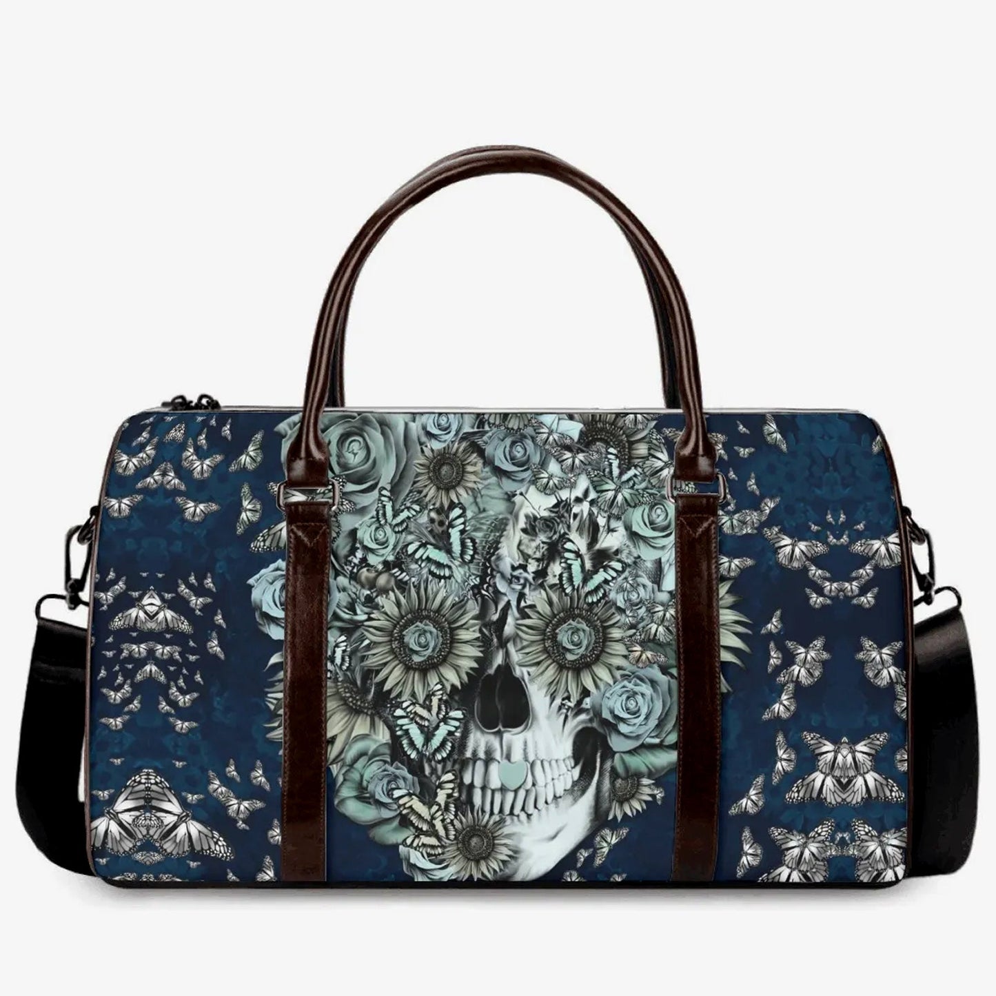 Rose skull handbag, skull Hospital Bag, flaming skull Canvas Weekend Travel Bag, halloween monogrammed bag, flame skull shoulder handbag
