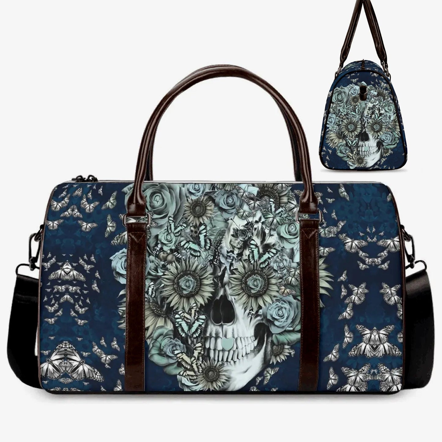 Rose skull handbag, skull Hospital Bag, flaming skull Canvas Weekend Travel Bag, halloween monogrammed bag, flame skull shoulder handbag