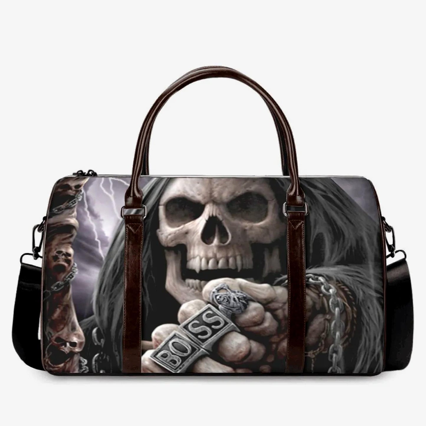 Punisher skull monogrammed bag, death skull travel bag, reaper skull handbag, skull duffel bag, floral skull Overnight Bag flaming skull bag