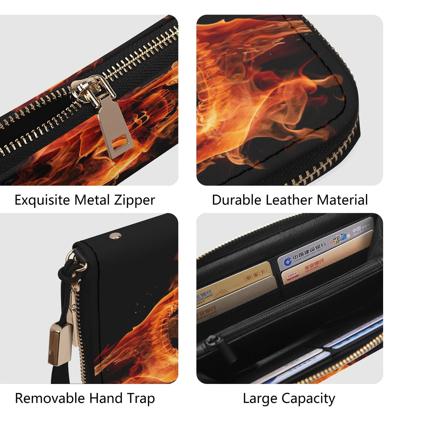 Flame skull messenger bag, punisher skull handbag, skull in fire tote bag, floral skull long wallet, floral skull crossbody bag skull purse