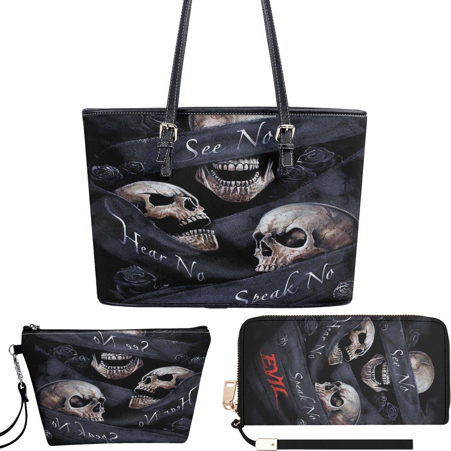 No see no hear no speak skull handbag, rose skull long wallet, floral skull cosmetic wallet, skeleton tote bag halloween tote bag wallet set