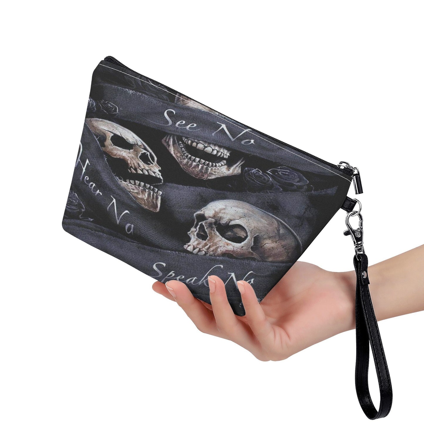 No see no hear no speak skull handbag, rose skull long wallet, floral skull cosmetic wallet, skeleton tote bag halloween tote bag wallet set