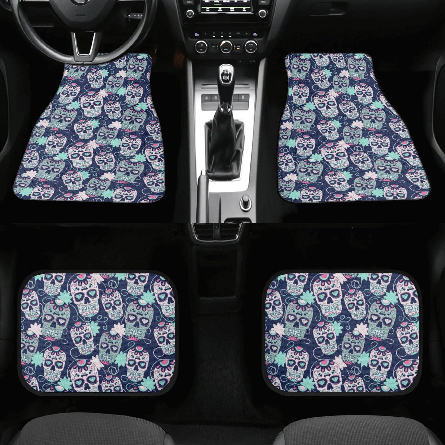 Floral sugar skull cover cushion accessories for Cars, floral sugar skull car floor mat, sugar skull girl car seat cushion cover car mat set