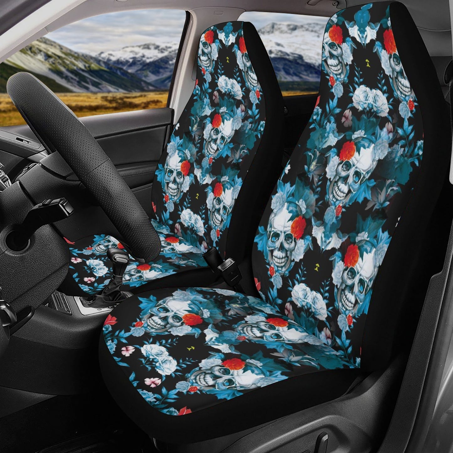 Skull seat cover for truck, flame skull seat cover for truck, skeleton car rug, flame skull car protector goth car rug, skull floral car mat