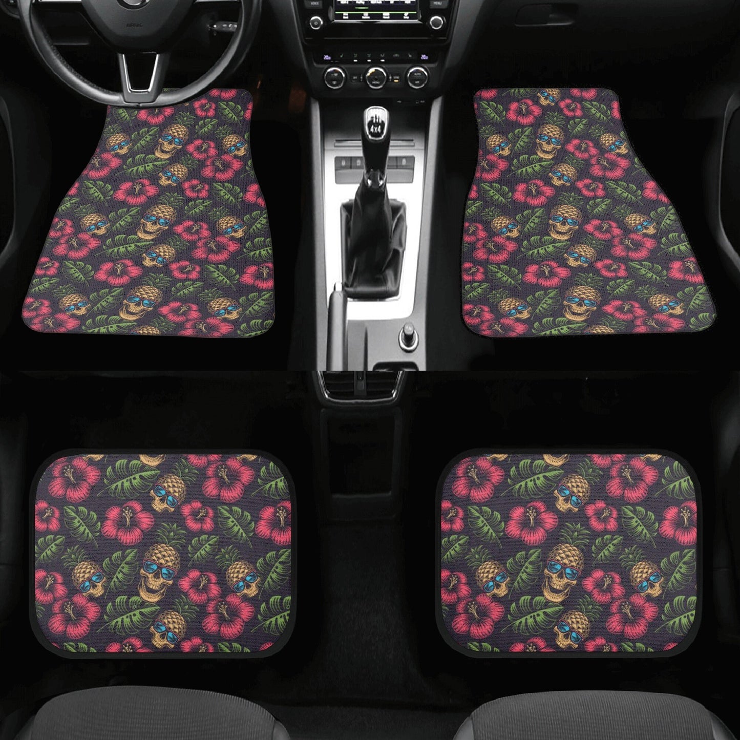 Christmas skull car rug, floral skull car seat protector, rose skull mat for car, skeleton seat cover for truck, skull in fire car seat tool