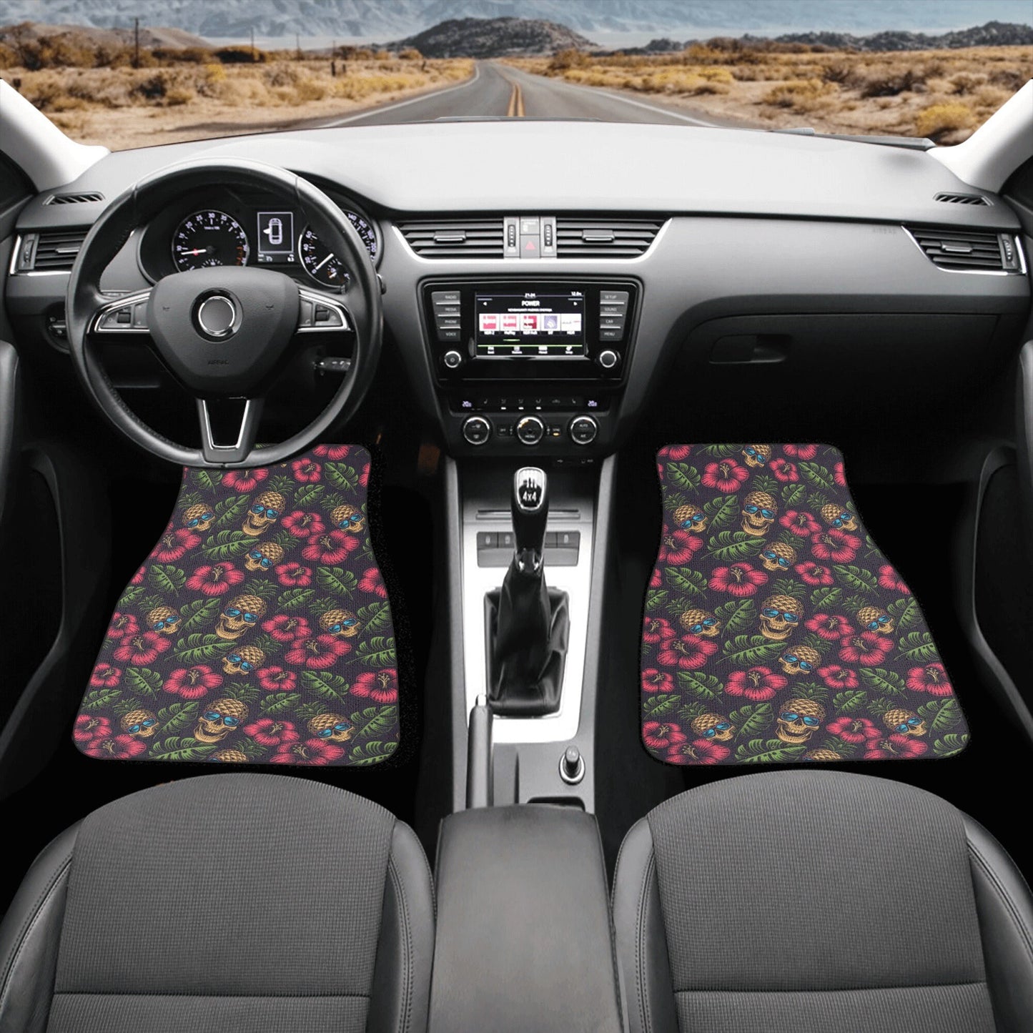 Christmas skull car rug, floral skull car seat protector, rose skull mat for car, skeleton seat cover for truck, skull in fire car seat tool