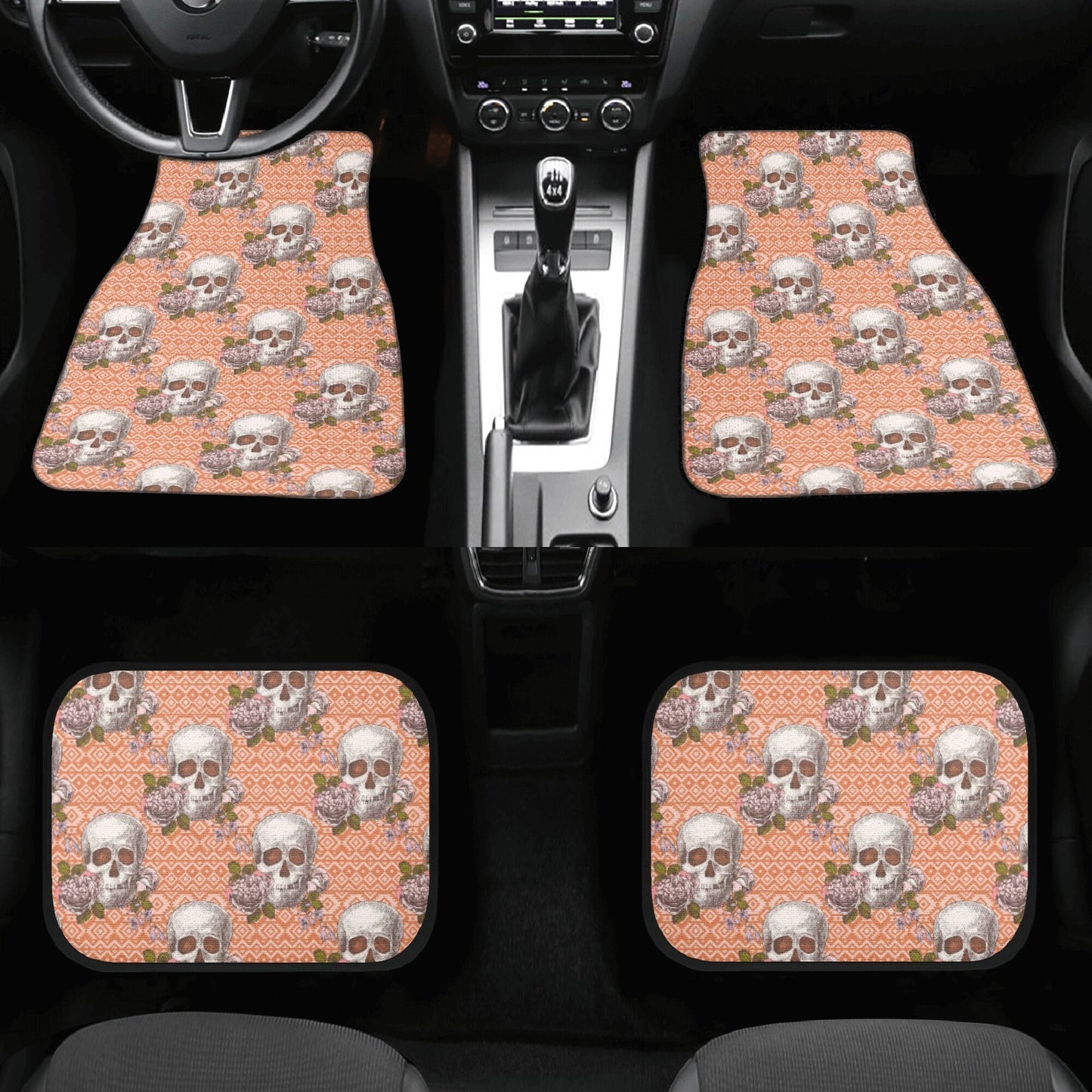 Flower skull seat cover for truck, flower skull car mat flooring, flower skull car protector, skull rug mat for car christmas skull seat mat