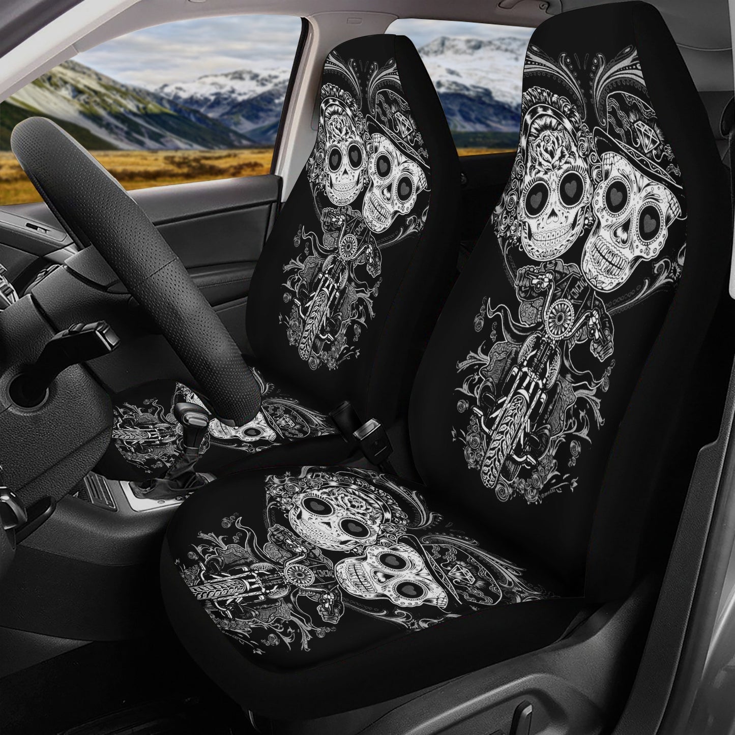 Sugar skull seat cover for car, candy skull car accessories, floral sugar skull rug for car, dia de los muertos skull truck seat cover mats