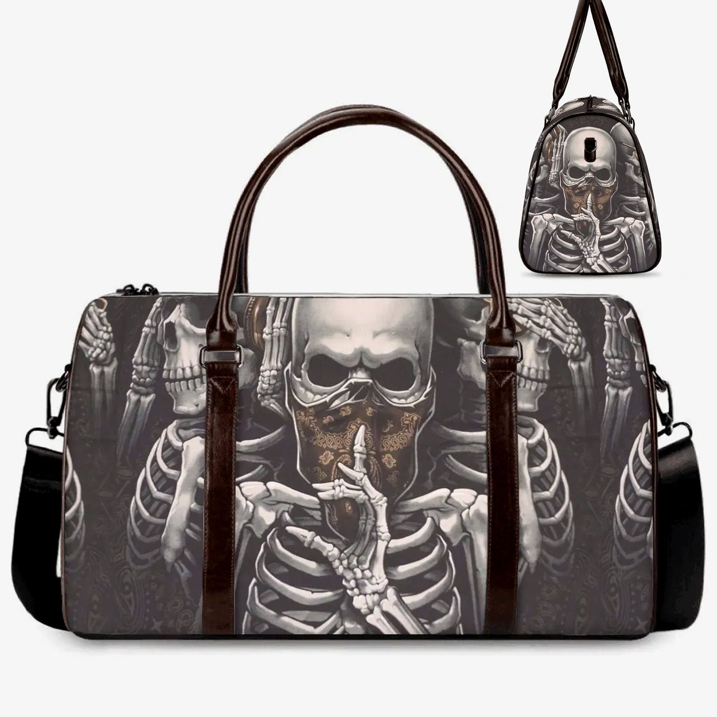 No see no hear no speak skull Canvas Weekend Travel Bag, horror handbag, flaming skull Carry on Weekender Overnight Bag skull Overnight Bag