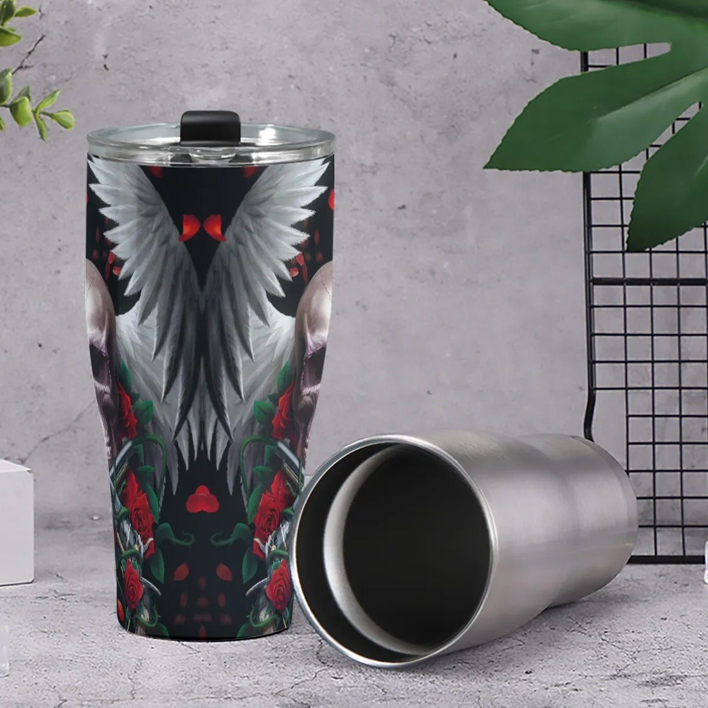 Rose skull tumbler coffee mug, grim reaper travel mug, flaming skull cup, death skull mug, skull in fire tumblr, evil cup, skull with flower