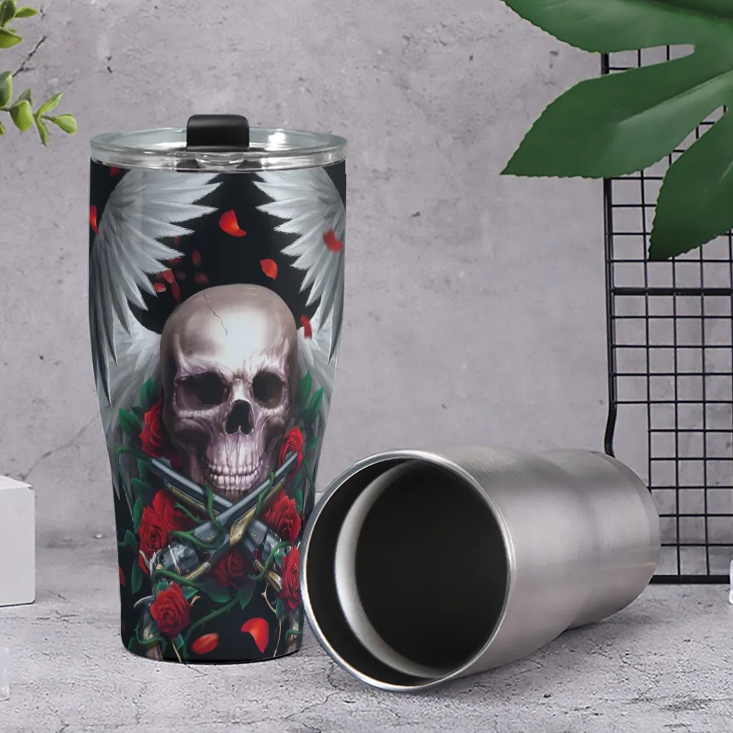 Rose skull tumbler coffee mug, grim reaper travel mug, flaming skull cup, death skull mug, skull in fire tumblr, evil cup, skull with flower