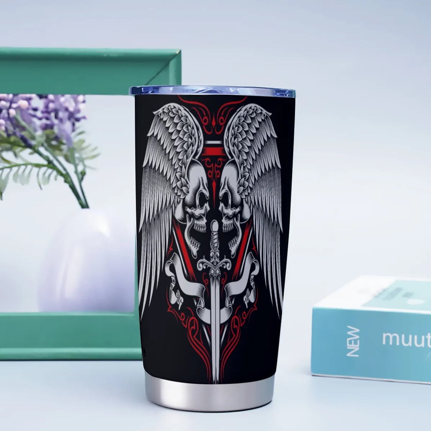 Wings skull freezer Mug, gothic skull beer mug, goth jumbo Mug, flaming skull mug, evil tumbler cup mug, flame skull cup flame skull tumbler