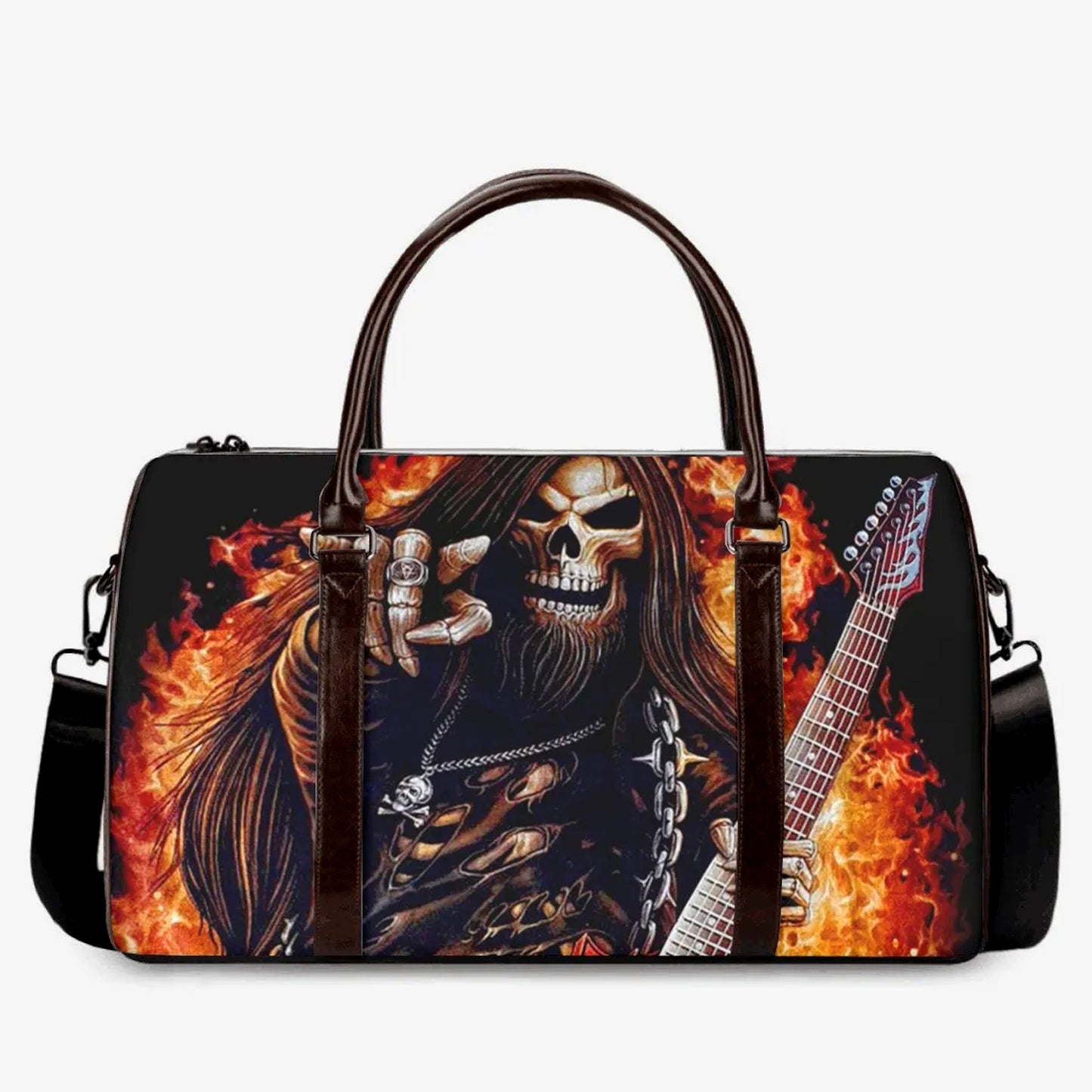 Guitarist skull weekender bags, death skull monogrammed bag, grim reaper Vacation Holidays Travel Bag, flaming skull travel bag, flame skull