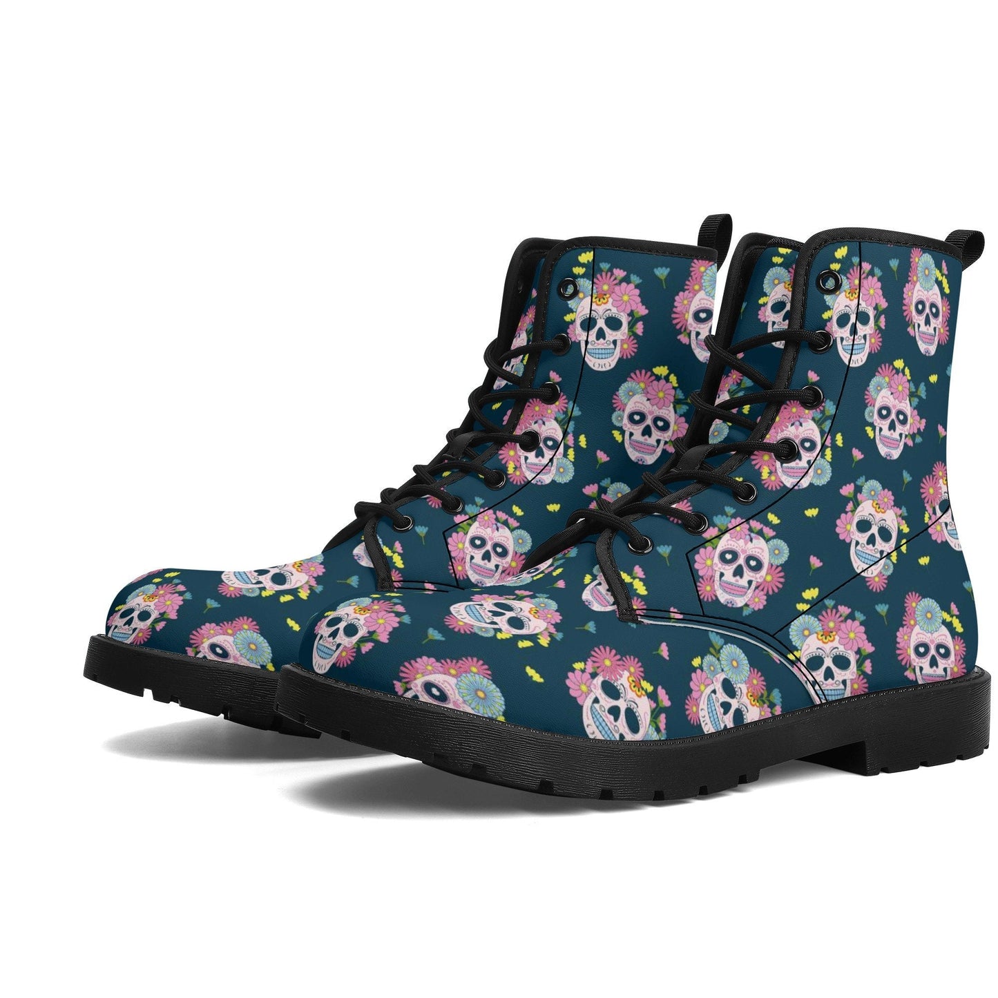 Floral skull men women boots, sugar skull girl men women boots, sugar skull winter boots, floral skull boots, mexican skull men women boots
