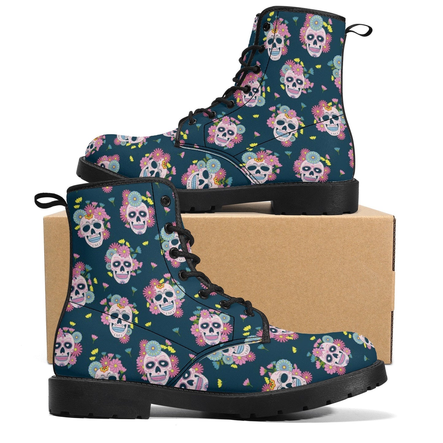 Floral skull men women boots, sugar skull girl men women boots, sugar skull winter boots, floral skull boots, mexican skull men women boots