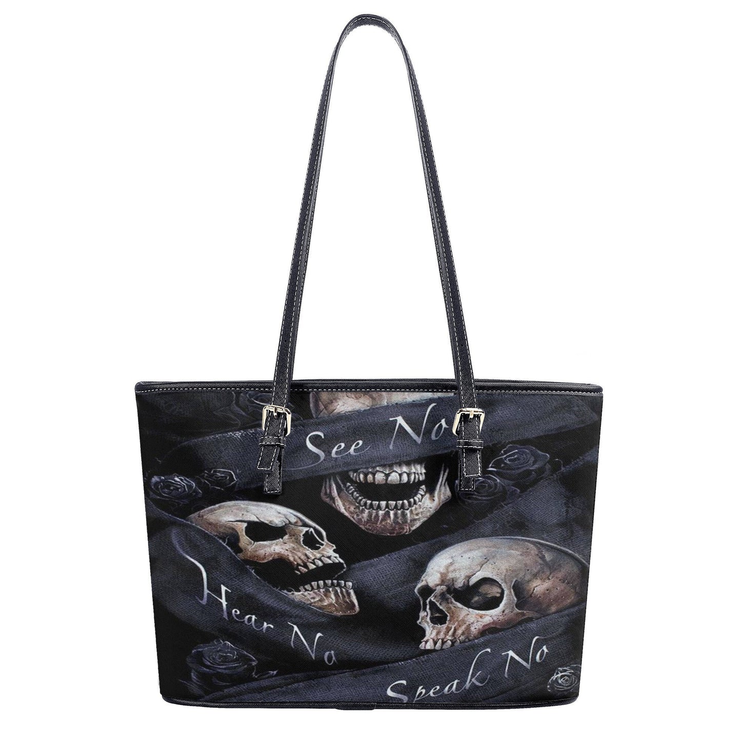 No see no hear no speak skull handbag, rose skull long wallet, floral skull cosmetic wallet, skeleton tote bag halloween tote bag wallet set