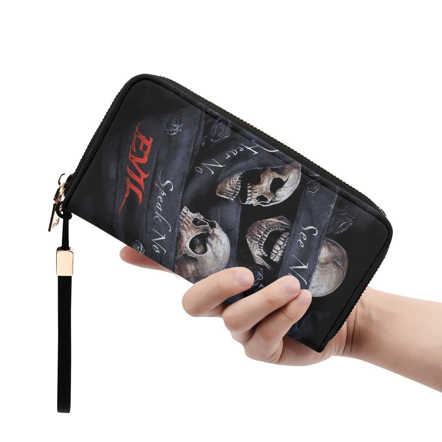 No see no hear no speak skull handbag, rose skull long wallet, floral skull cosmetic wallet, skeleton tote bag halloween tote bag wallet set