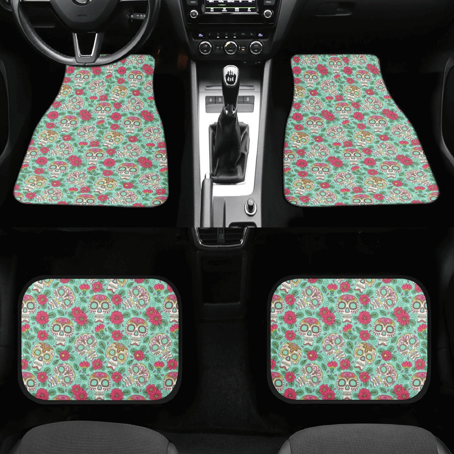Sugar skull car seat protector, sugar skull car mat flooring, floral skull car floor mat, floral skull car tool, floral skull car seat cover