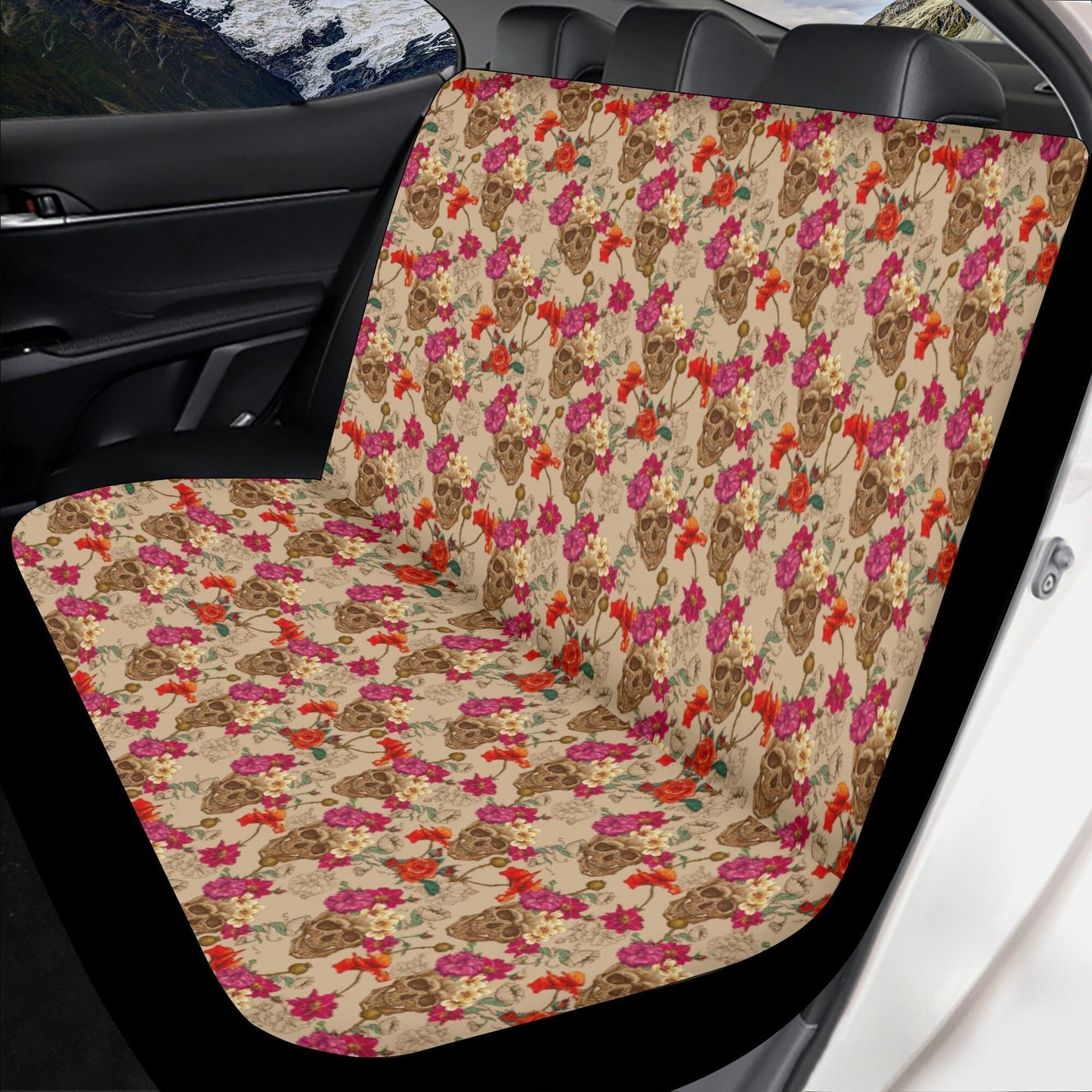 Floral skull cover cushion accessories for Cars, punisher skull seat cover protector, grim reaper rug mat for car, flame skull car floor mat