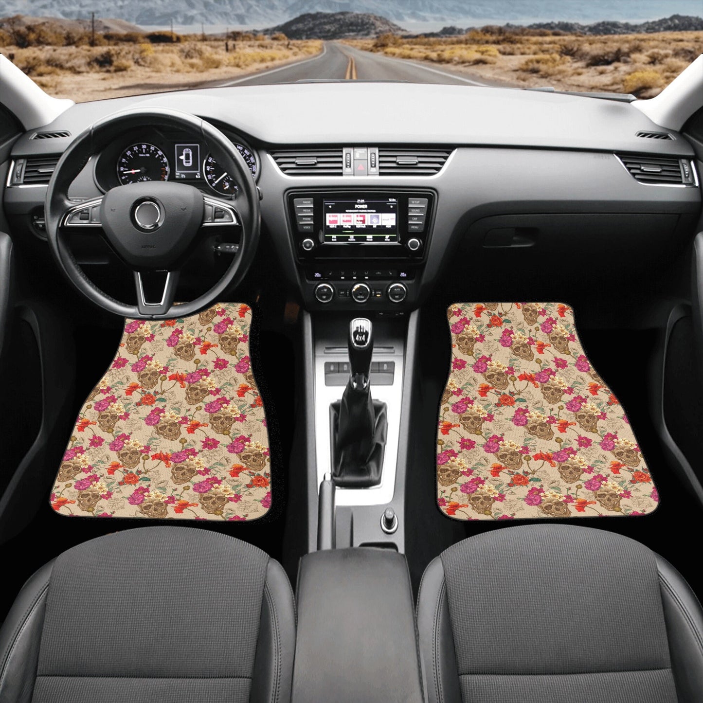 Floral skull cover cushion accessories for Cars, punisher skull seat cover protector, grim reaper rug mat for car, flame skull car floor mat