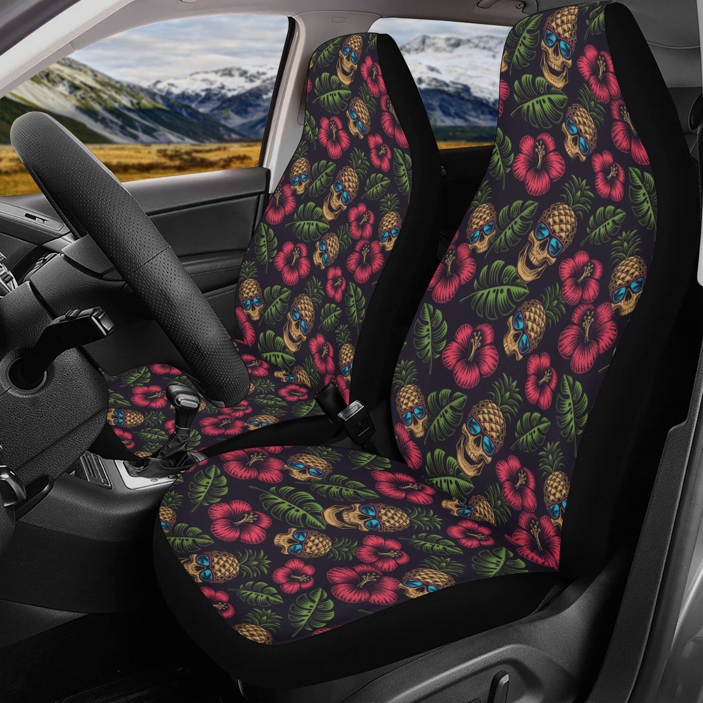 Christmas skull car rug, floral skull car seat protector, rose skull mat for car, skeleton seat cover for truck, skull in fire car seat tool