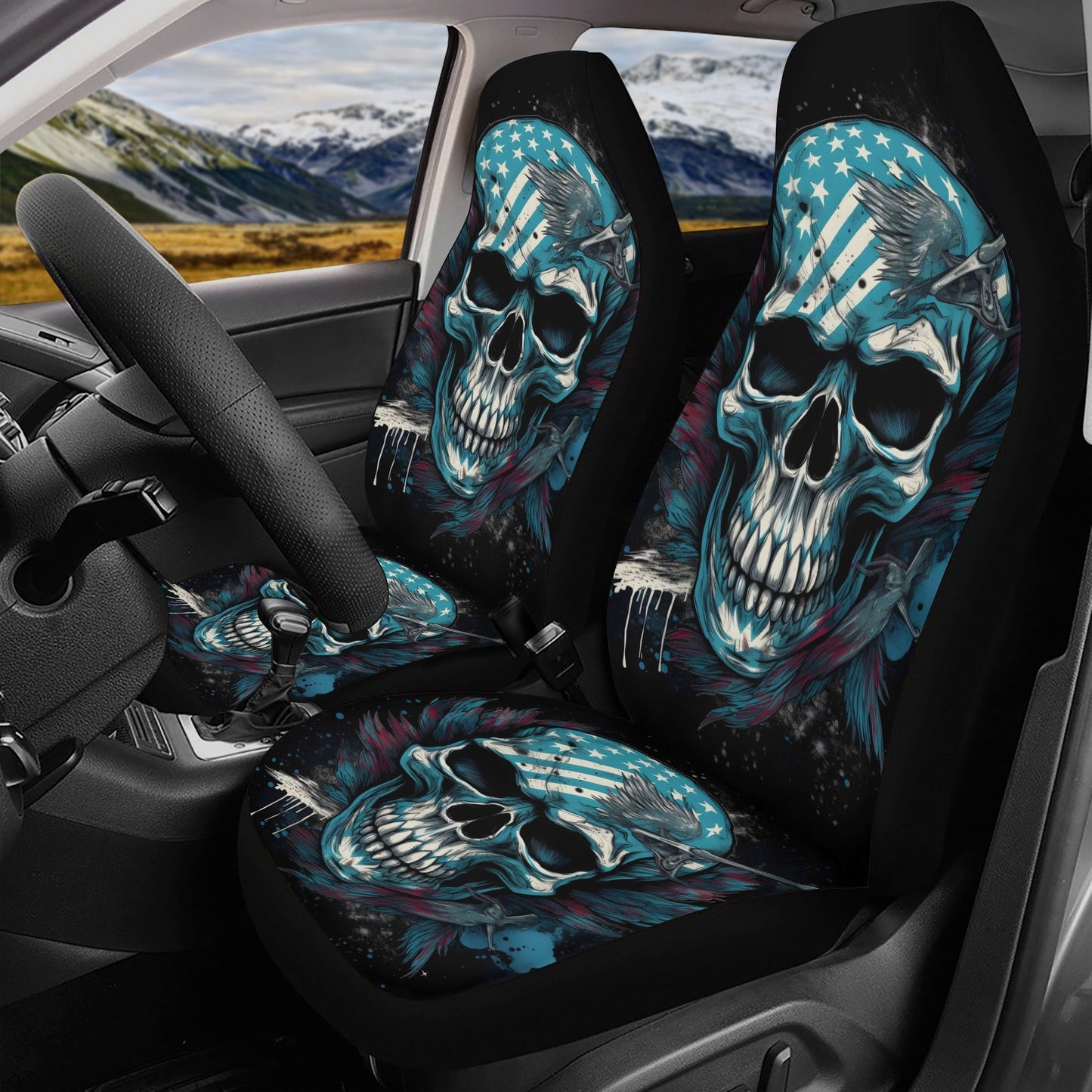 Goth seat cover for truck, halloween car accessories, flame skull car accessories, flower skull car seat tool, flame skull rug for car truck