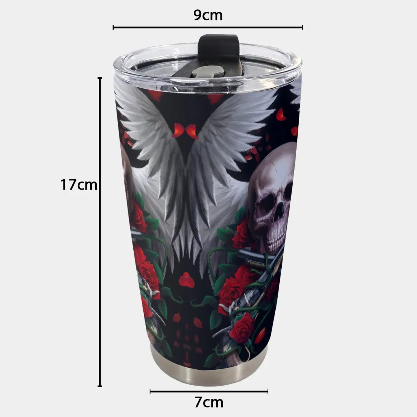 Rose skull tumbler coffee mug, grim reaper travel mug, flaming skull cup, death skull mug, skull in fire tumblr, evil cup, skull with flower