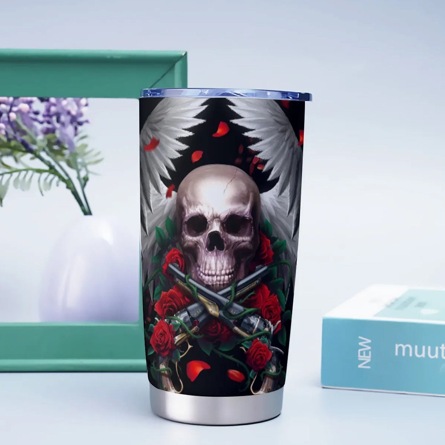Rose skull tumbler coffee mug, grim reaper travel mug, flaming skull cup, death skull mug, skull in fire tumblr, evil cup, skull with flower