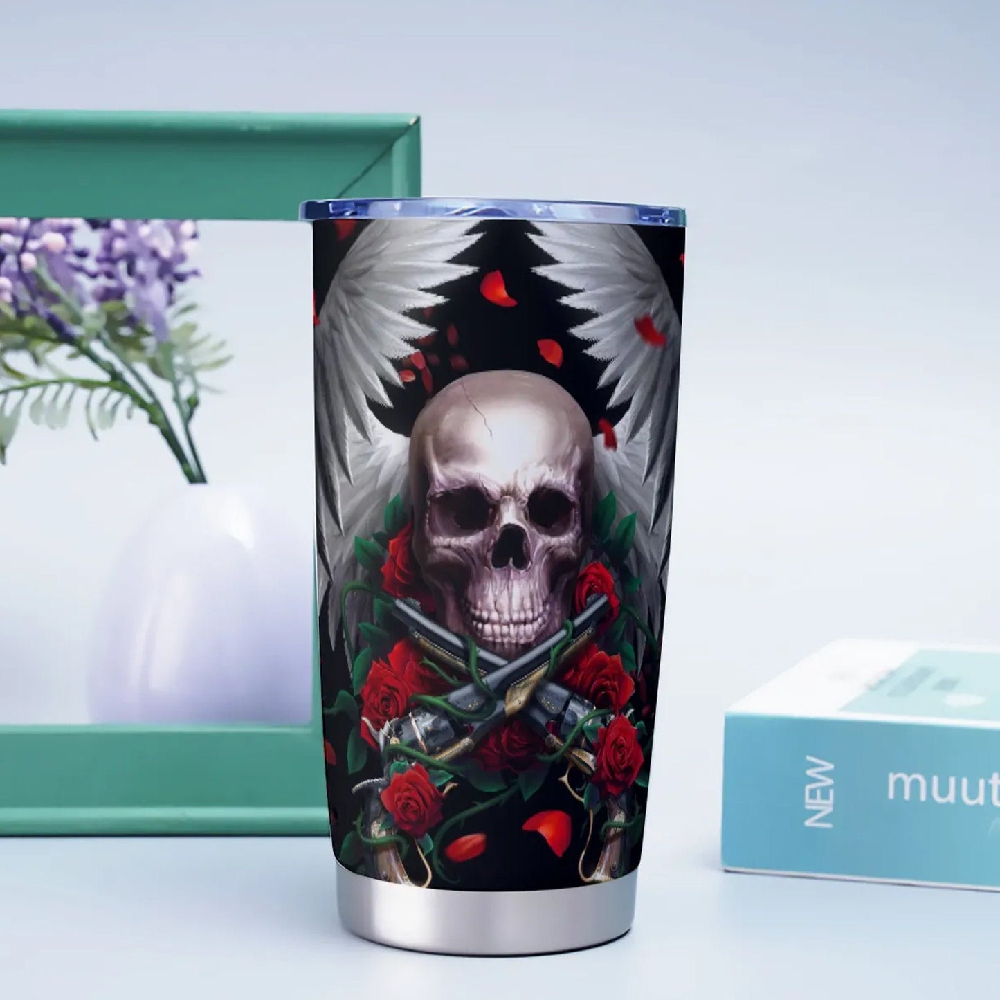Rose skull tumbler coffee mug, grim reaper travel mug, flaming skull cup, death skull mug, skull in fire tumblr, evil cup, skull with flower