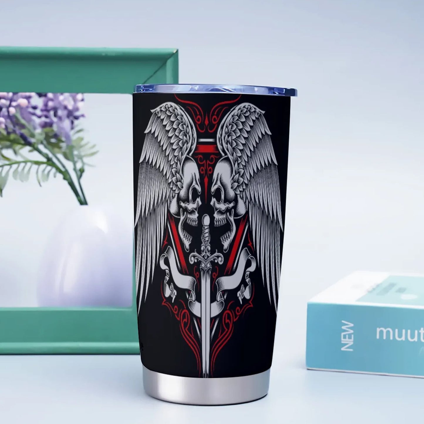 Wings skull freezer Mug, gothic skull beer mug, goth jumbo Mug, flaming skull mug, evil tumbler cup mug, flame skull cup flame skull tumbler