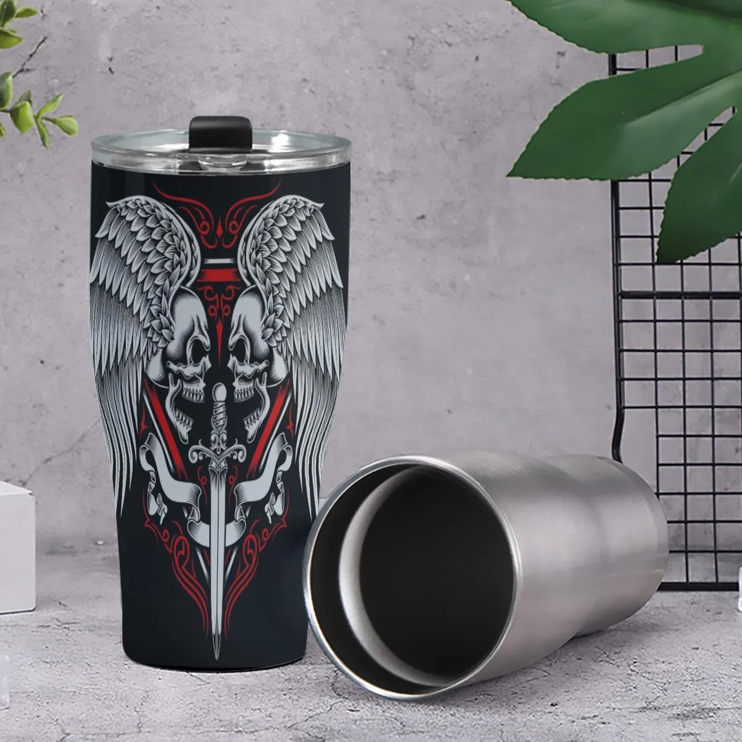 Wings skull freezer Mug, gothic skull beer mug, goth jumbo Mug, flaming skull mug, evil tumbler cup mug, flame skull cup flame skull tumbler