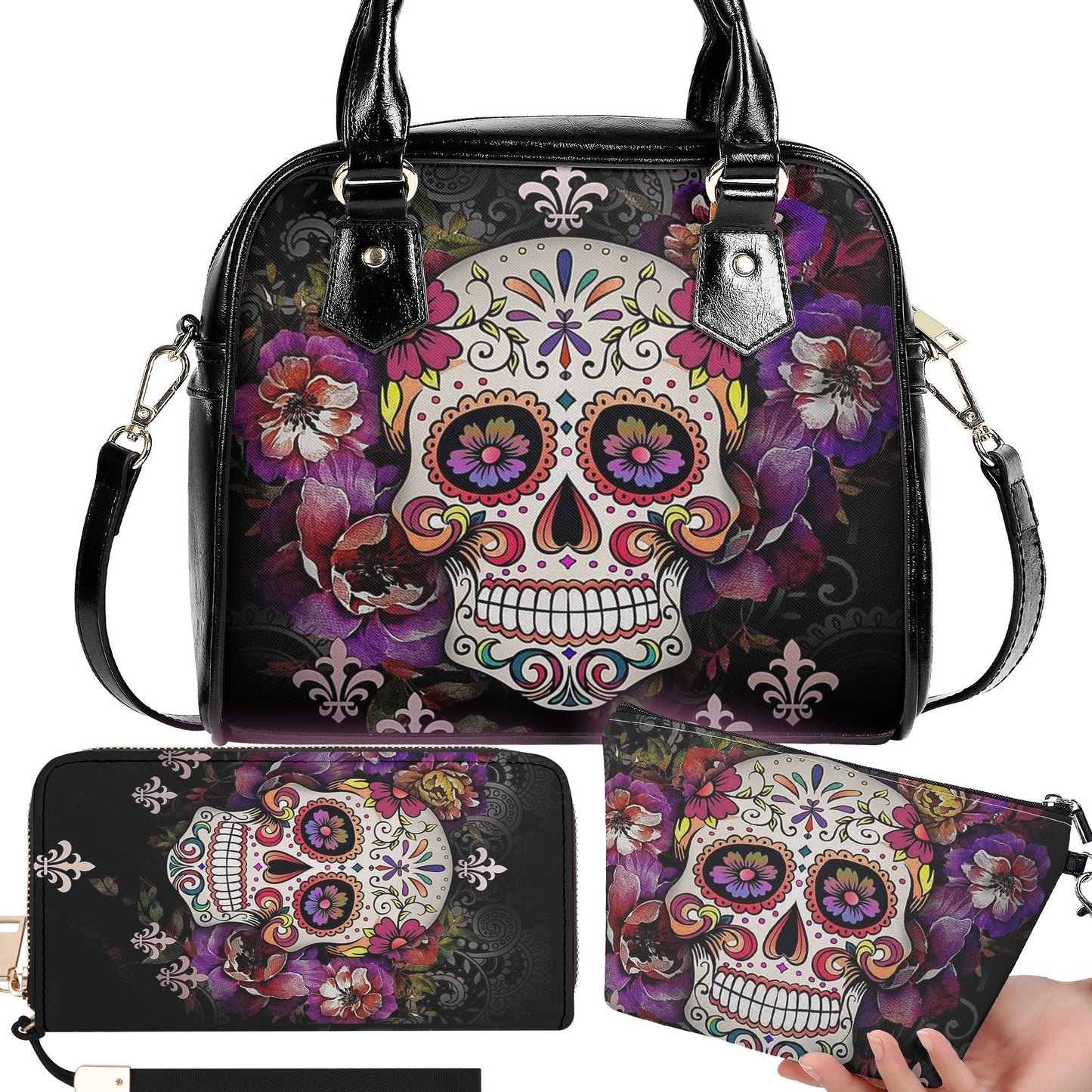 Candy skull crossbody bag, sugar skull girl cosmetic wallet, mexico handbag, sugar skull messenger bag, candy sugar skull purse wallet set