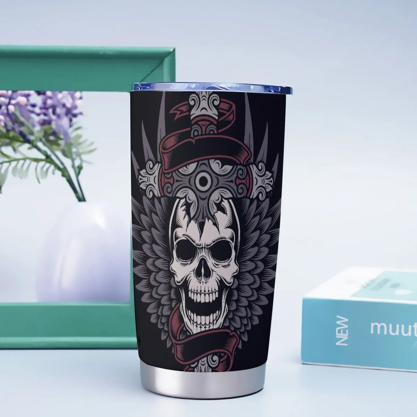 Wings skull travel mug, skull beer mug, motorcycle skull tumbler cup mug, goth jumbo Mug, skull reaper freezer Mug, skull in fire tumblr mug