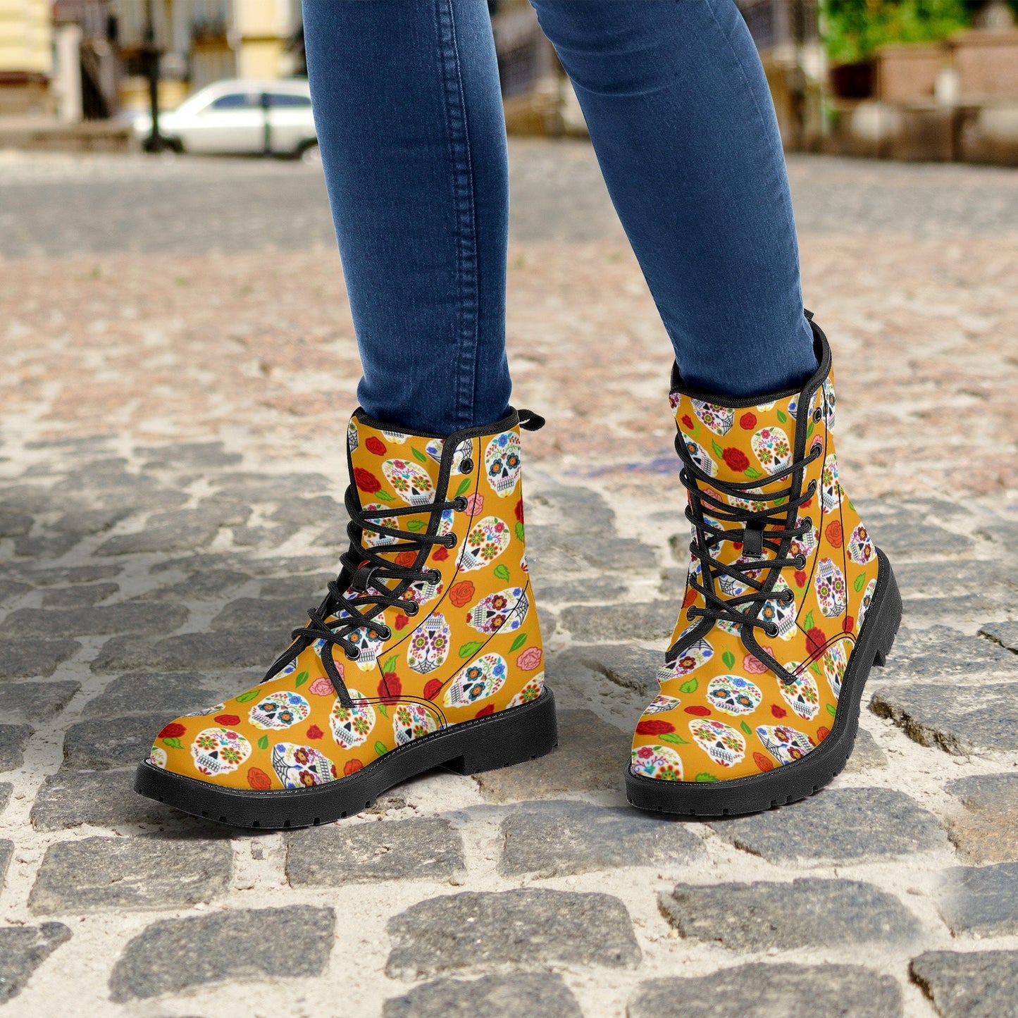 Candy skull winter boots, floral skull winter boots, dia de los muertos skull ankle booties, sugar skull girl ankle Boots floral skull boots
