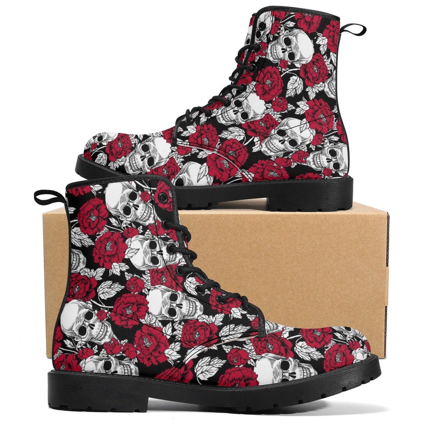 Floral skull combat boots, flame skull men women boots, grim reaper waterproof boot, skull in fire ankle Boots, gothic skull boots shoes
