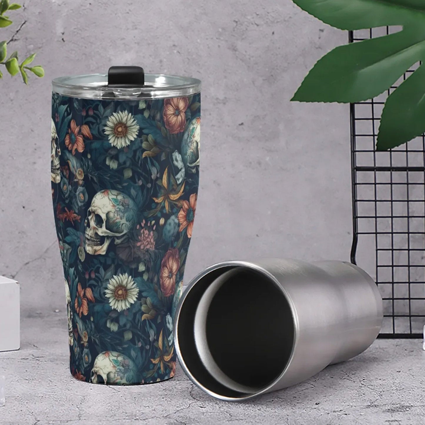 Death skull jumbo Mug, halloween tumbler, horror freezer Mug, skull coffee mug, death skull mug floral skull beer mug rose skull freezer cup