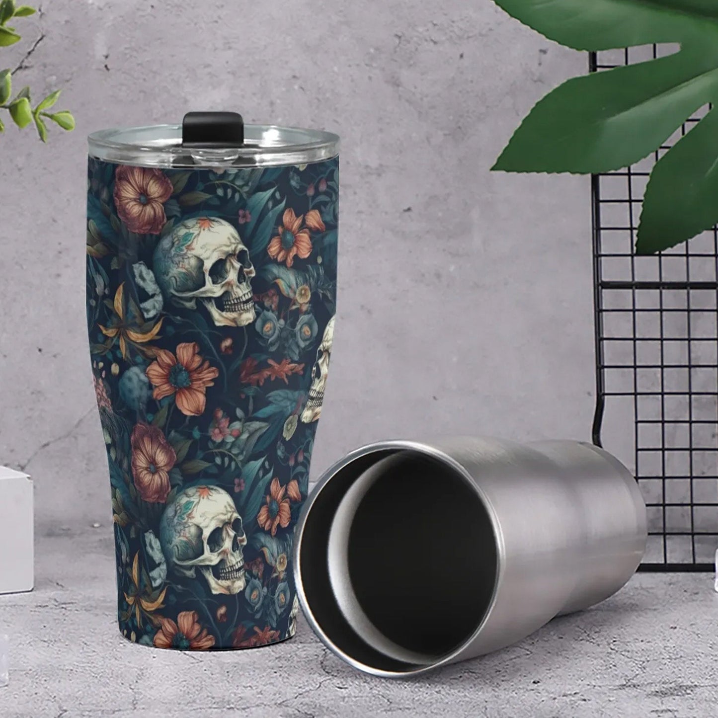 Death skull jumbo Mug, halloween tumbler, horror freezer Mug, skull coffee mug, death skull mug floral skull beer mug rose skull freezer cup