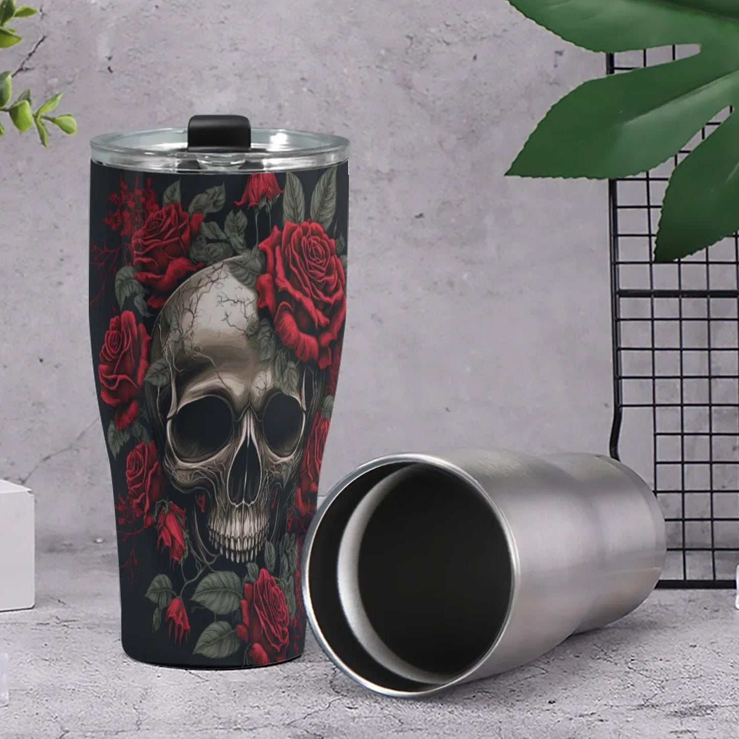 Rose skull tumbler cup mug, flower skull tumblr, horror tumbler, christmas skull coffee mug, gothic skull tumblr, biker skull cup, flame cup