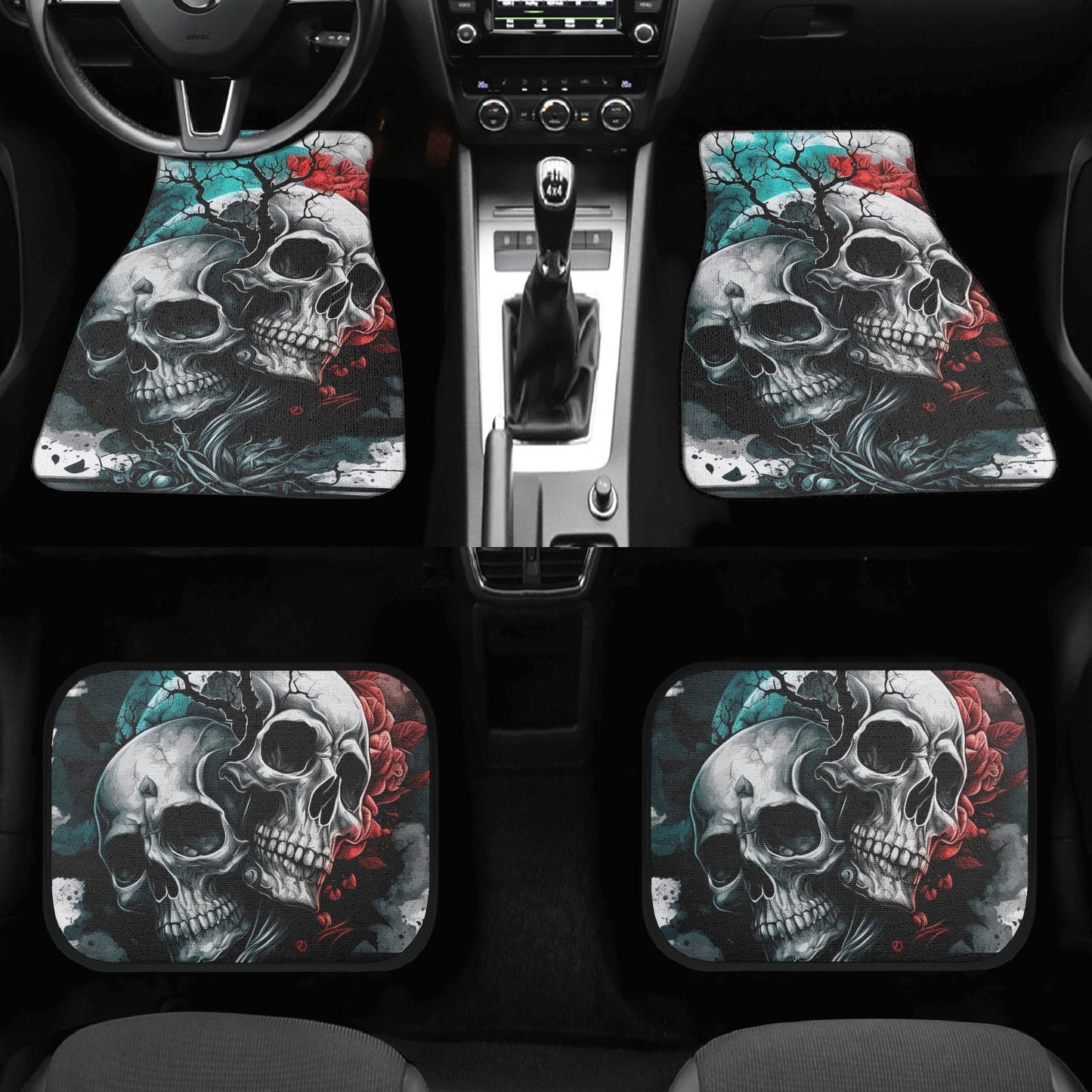 Rose skull mat for car, flame skull mat for vehicles grim reaper seat cover for car christmas skull slip-on seat covers, flame skull car mat