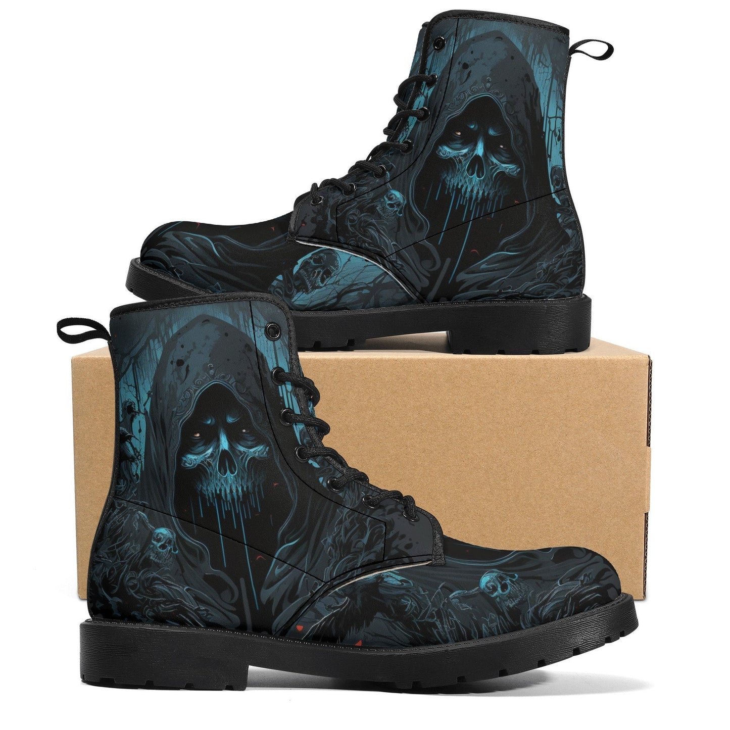 Gothic skull men women shoes, flame skull boots for men women, flame skull waterproof Lace Up Anti-Slip platform nooties, reaper skull boots
