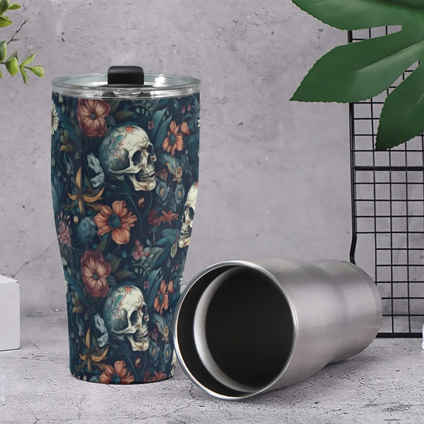 Death skull jumbo Mug, halloween tumbler, horror freezer Mug, skull coffee mug, death skull mug floral skull beer mug rose skull freezer cup