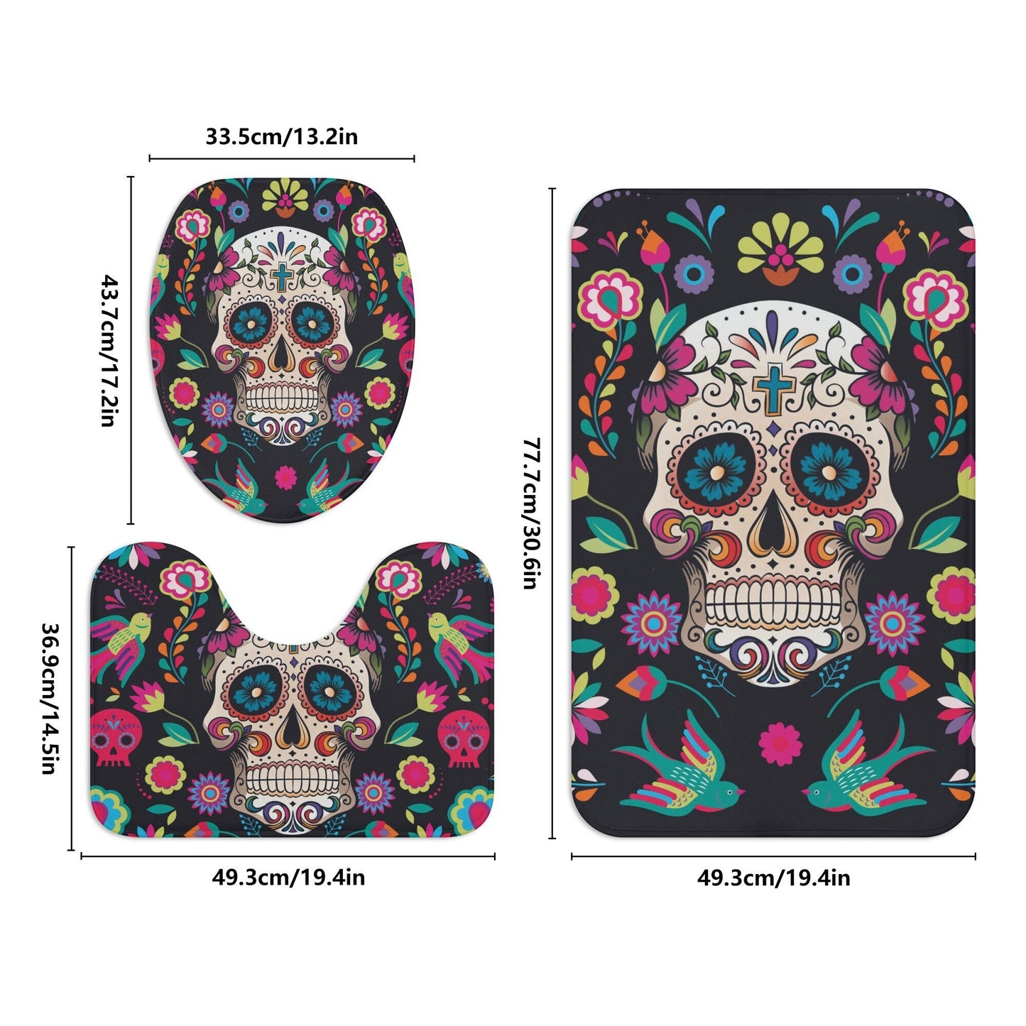 Sugar skull bath rug, candy skull rug for bathroom skull bathroom toilet set day of the dead skull shower curtain dia de los muertos bathrug