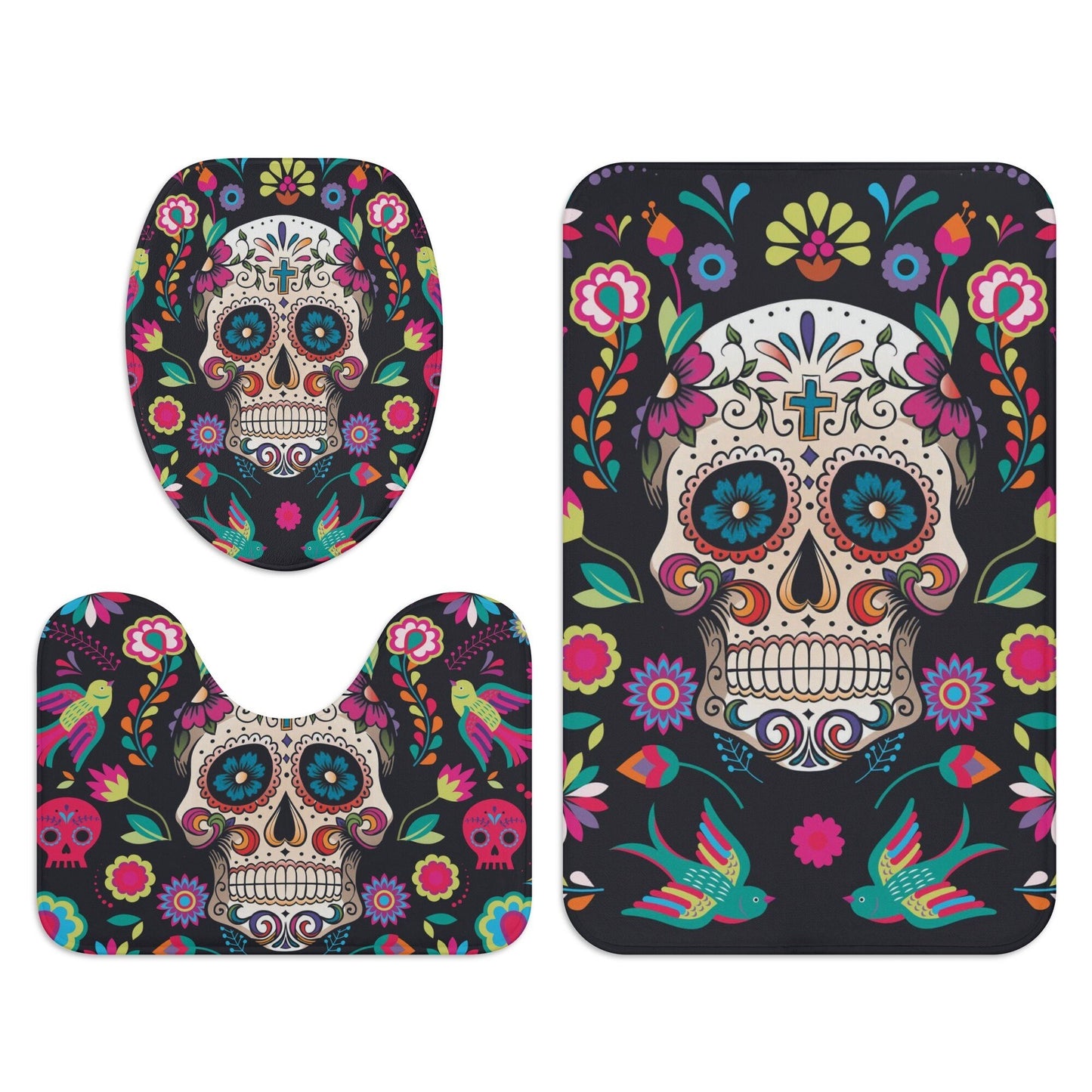 Sugar skull bath rug, candy skull rug for bathroom skull bathroom toilet set day of the dead skull shower curtain dia de los muertos bathrug